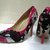 Belle scarpe da donna a mano decorati con pizzo nero e cristalli