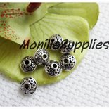 20 PZ PERLE INTERCALARI METALLICHE SCHIACCIATE DECORATE COLOR ARGENTO ANTICO,4mm