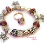 Bracciale + anello stile pandora/trollbeads rondelle argento tibetano ametista charms farfalle