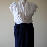 Dark blue and white 1980's elegant secretary acetate and rayon dress, Made in U.S.A. Excellent condition.