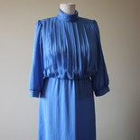 Elegant blue striped 1980's vintage secretary polyester dress Missy Petite, Made in U.S.A.