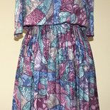 Colourful (blue, green, red, brown, purple) 1980's vintage polyester secretary dress, Size M