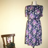 Floral print dark blue, purple, beige, pink, green 1980's vintage secretary dress, Size 12, Made in U.S.A.
