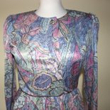 Blue, green, red, brown, pink, purple 1980's vintage polyester secretary dress, Size M, Made in U.S.A.
