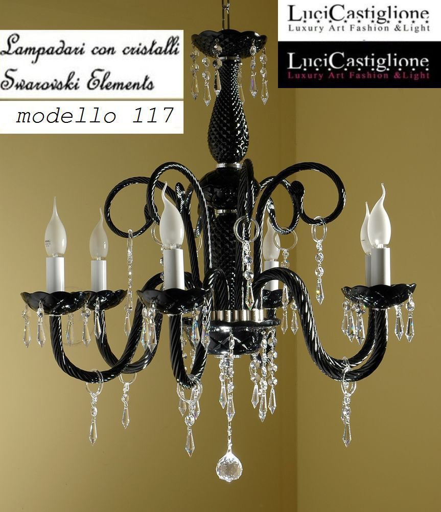 117 lampadario 6 luci in vetro di murano nero e cristalli ... Plafoniera con cristalli swarovski