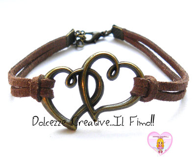 Bracciale Coppia cuore- color bronzo con alcantara marrone , idea regalo unisex Bracciale Coppia cuore- color bronzo con alcantara marrone , idea regalo unisex