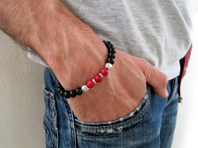 Bracciale uomo perla pietra NERA elastico in metallo argento braccialetto surf Bracciale uomo perla pietra NERA elastico in metallo argento braccialetto surf
