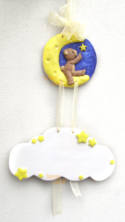Fiocco nascita orso e luna con nuvola fimo orsetto targa battesimo bambino bambina Fiocco nascita orso e luna con nuvola fimo orsetto targa battesimo bambino bambina