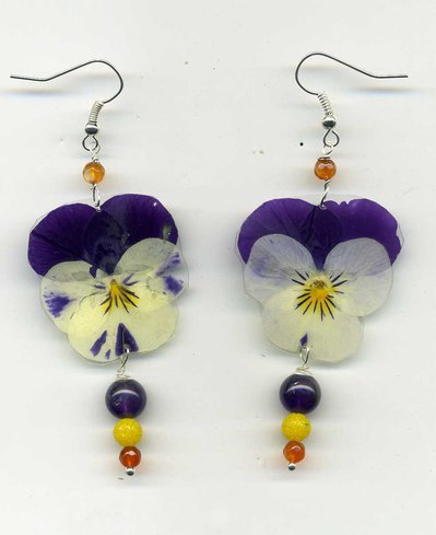 Orecchini con viola del pensiero bicolore vera, essiccata e plastificata Orecchini con viola del pensiero bicolore vera, essiccata e plastificata