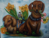 dipinto olio su tela eseguito a mono titolo:il due cani con i fiori