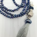 Long necklace blue tassel grey