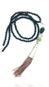 Long necklace green jade tassel grey powder