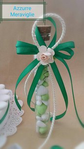 Provetta cilindro vetro portaconfetti bomboniere shabby chic applicazione fiore promessa matrimonio verde