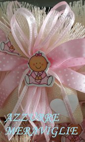 Sacchetti  portaconfetti avorio rosa bomboniere per battesimo nascita con applicazione legno bimba biberon