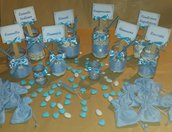 26 pezzi Coordinato per confettata contenitori in vetro + segnagusto + cucchiai stile shabby chic celeste battesimo compleanno comunione