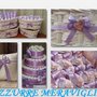 Coordinato matrimonio lilla glicine cuori segnagusto segnaposto ventagli bolle sapone coni portariso wedding bags barattoli cestini legatovagliolo