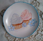 piatto porta caramelle in porcellana dipinto a mano, con soggetti cupcake