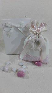 Confezione da 5 confetti grande di cotone avorio e cotonina rosa a pois POIS/8 rosa