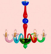 Lampadario Arlecchino stile Venini con 5 luci, multicolore, in vetro soffiato di Murano 