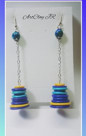 Orecchini pendenti in pasta polimerica (fimo) blu-giallo fatto a mano
