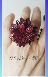 Anello fiore rosso bordeaux in pasta polimerica(fimo) fatto a mano