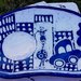 Piatto e tazza colazione di ceramica graffita motivo auto giraffa albero bianco e blu modellati a mano