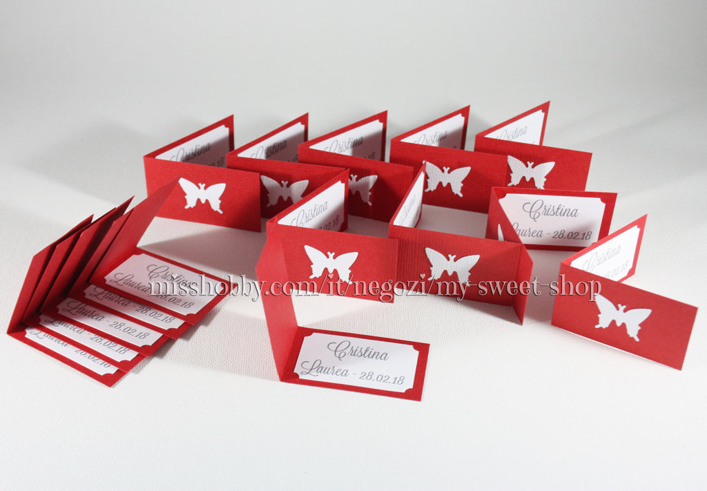 Set di 15 biglietti bigliettini rossi con farfalla per confetti - Laurea o  Cresima
