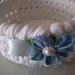Un accessorio per il bebè-Cestino realizzato a uncinetto con fettuccia bianca e decorato con fiorellino celeste  perla e fiocco di raso