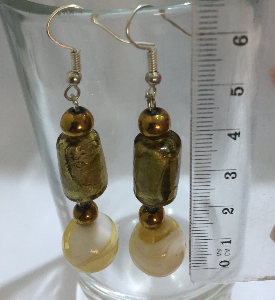 Orecchini A Goccia In Vetro Di Murano Autentico, Nero E Marrone Dorato, Lunghi 7,5 Cm