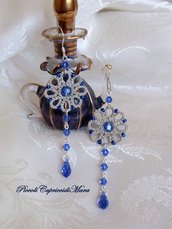 Orecchini color argento al chiacchierino, perline e cristalli blu zaffiro