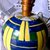 2° esemplare di base a palla per abajour di ceramica con motivo scozzese blu e giallo