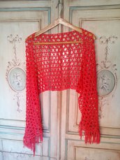 scialle a uncinetto in cotone, stola color rosso corallo - scialle a rete - stola elegante per cerimonia