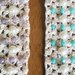 Bracciale ad uncinetto filet con ricamo di cristalli azzurri perle avorio passamaneria damascata e pizzo in cotone beige