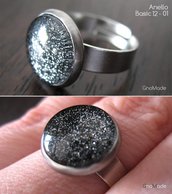 ANELLO BASIC 1 - con cabochon glitter grigio nero antracite e argento