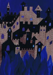 Castello in fiamme (blu) disegno su carta