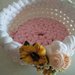 Cestino di primavera realizzato a uncinetto con fettuccia e guarnito con mazzetto di fiorellini