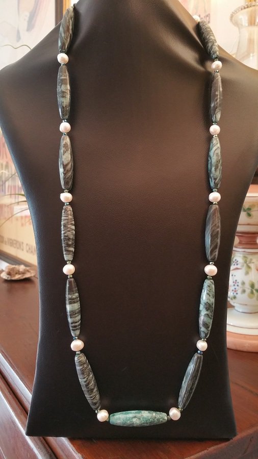 Collier En Jaspe Vert Et Perles - Argent 925 - Fabriqué En Italie - Neuf Avec étiquettes