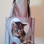 Borsa shopper in cotone con gattino e cuori, fatta a mano