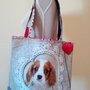 Borsa shopper in cotone con cagnolino e cuore, fatta a mano