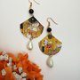 Klimt orecchini di carta pendenti con ciondolo a ventaglio e perle nere e bianche