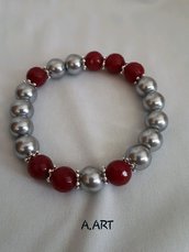 Bracciale perle argento lucido e pietre rosse