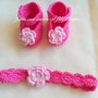 Scarpine e fascia bambina in puro cotone con fiore rosa