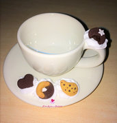 Set di 6 tazzine da caffè decorate con biscottini fatti a mano in fimo.