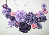 Collana kanzashi fatta a mano " Tanti fiori colore viola, rosa,lilla"1