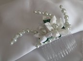 Pettine Pettinino Pettinini acconciatura sposa kanzashi bianco e verde con perle bianche