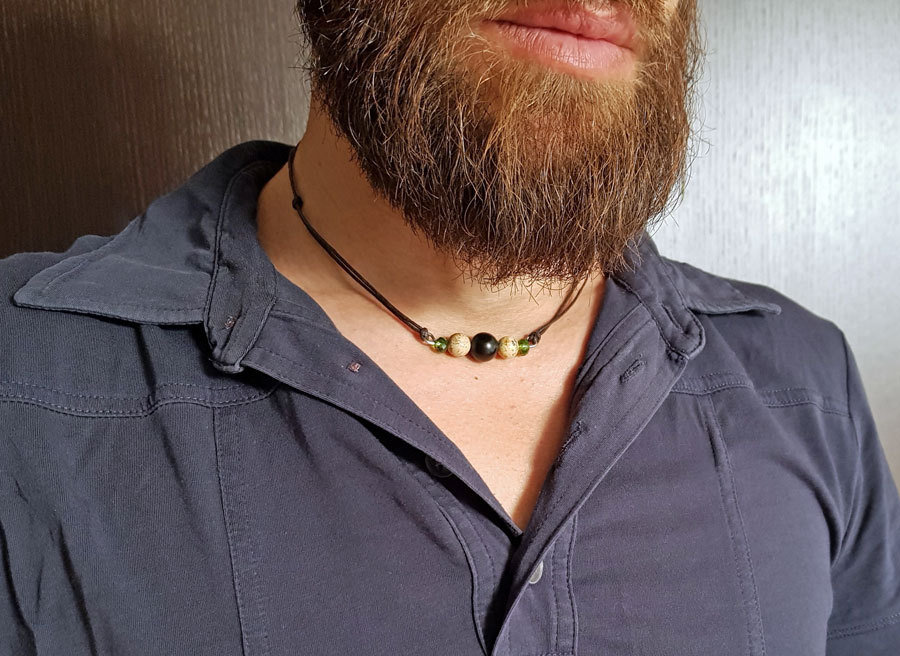 Collana uomo con perle in onice nero e agata colorata e cristallo v... su MissHobby
