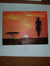 Quadro pirografato e dipinto a mano. Paesaggio con masai