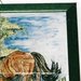 Quadro artigianale di maiolica con cavalla e puledro nel recinto erba e albero in 4 piastrelle incorniciate