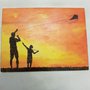 Quadro pirografato e dipinto a mano. Padre e figlio con aquilone al tramonto