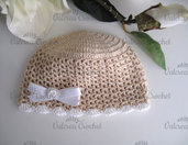 Cappellino beige/fiocco bianco neonato neonata cotone all'uncinetto
